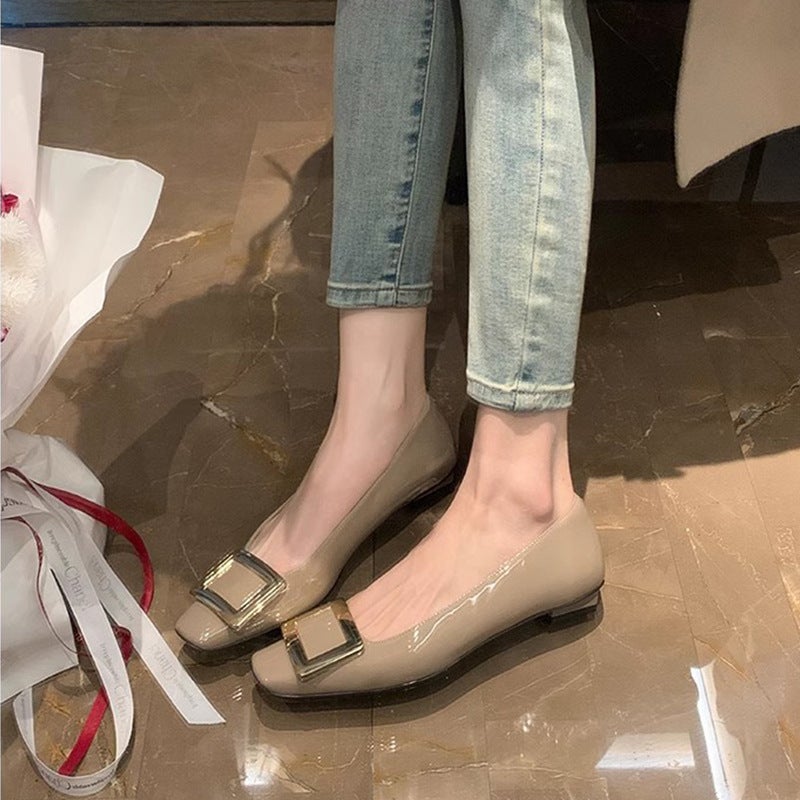 Grape Mom Same Style Genuine Leather French Classic Elegant Shallow Mouth Elegant Square Head All-Match High Heel Thick Heel Square Button Single Shoes - Image 2